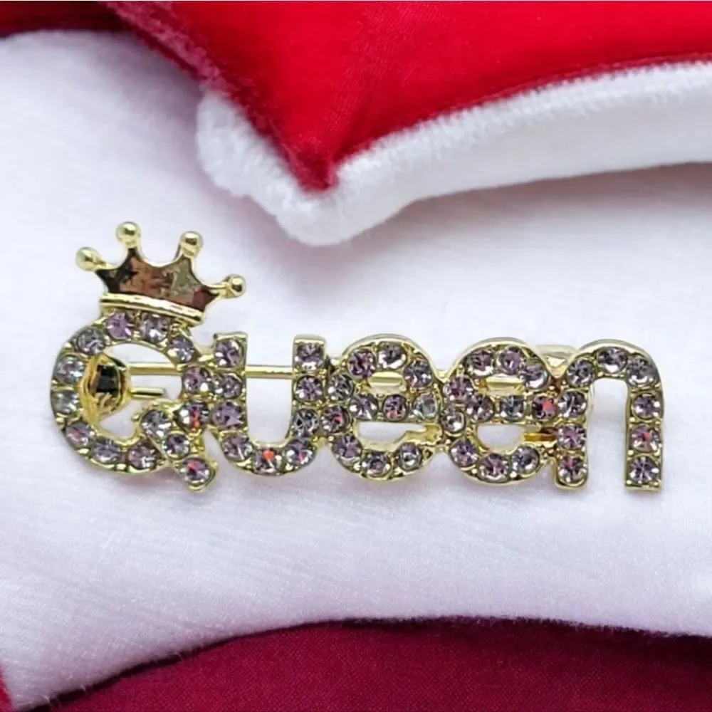 Queen Crown Rhinestone Brooch Gold CZ Statement Pin Birthday Glam Bridal Sparkle